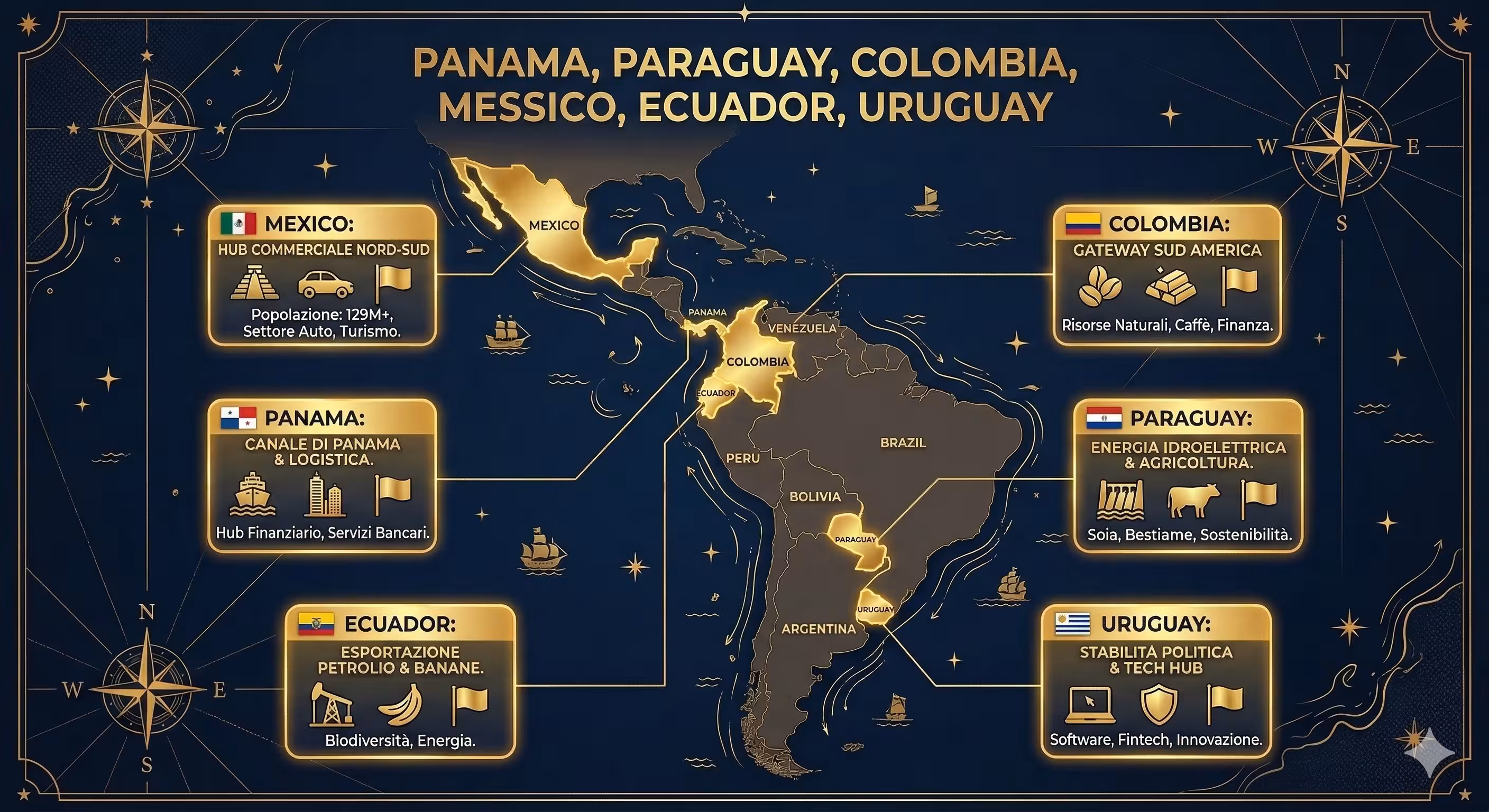 Mappa dell'America Latina con le principali destinazioni per il trasferimento di residenza degli italiani: Panama, Paraguay, Colombia, Messico, Ecuador, Uruguay, Perù, Argentina
